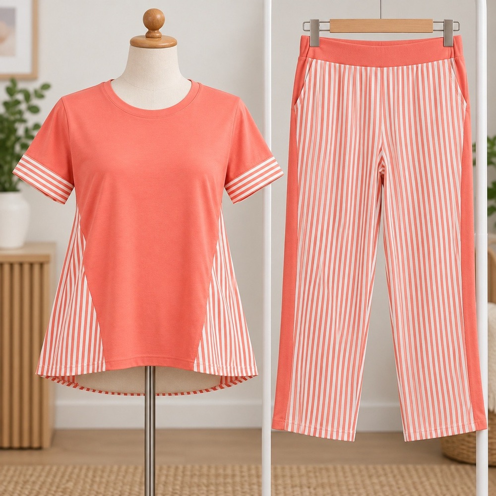 NEW Sport Savvy 2 Piece Lounge Set 1XP Orange White Striped Capri Pants Top